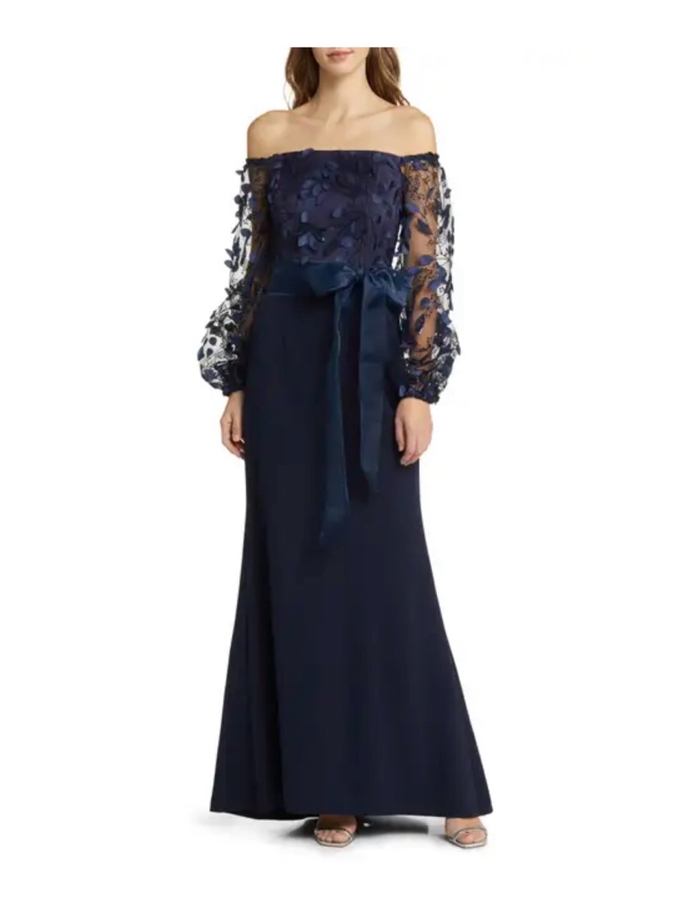 Eliza J Navy Off-the-Shoulder Gown with Sheer Floral Sleeves